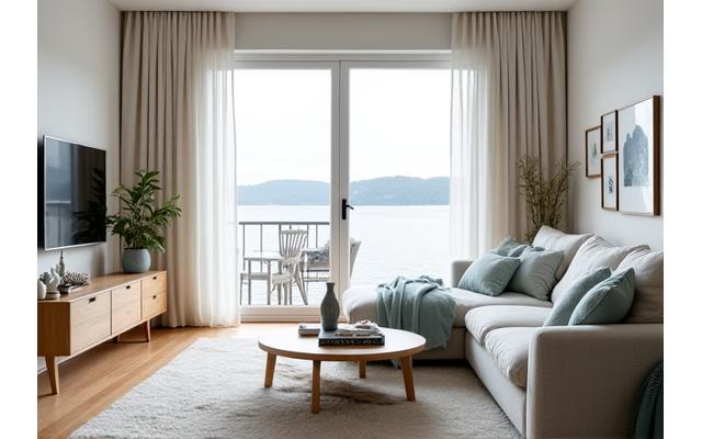 'Etter'-bilde: Det samme rommet, nå lyst, moderne og åpent, med bærekraftige møbler i lyse tresorter og økologiske tekstiler, vindu mot sjøen.