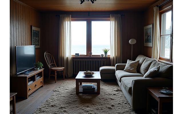 'Før'-bilde: Et utdatert og mørkt rom i et kysthjem som trenger renovering.