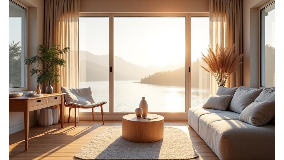 En minimalistisk og lys maritim stue med bærekraftige møbler, fylt med naturlig lys, plantdetaljer og utsikt over et rolig hav, symboliserer en bærekraftig livsstil.