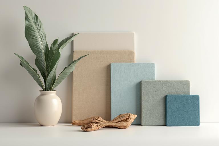 En samling miljøvennlige materialprøver: resirkulert tre, økologiske tekstiler i blått og grønt, og gjenbruksplast i en elegant fargepalett.