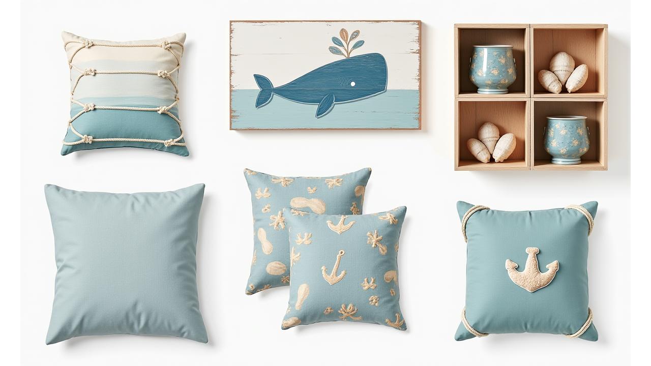 En kollasje med ulike marine-inspirerte dekorelementer: et DIY-maleri av en hval, gjenbrukte trekasser dekorert som strandkasser, og rimelige tekstiler med sjømotiv. Viser hvordan man kan skape et vakkert rom på budsjett.