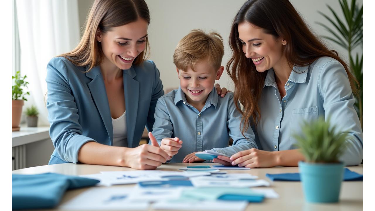 En varm familieatmosfære der en interiørdesigner interagerer med et barn og dets foreldre, som ser på designprøver av sjødyr og vevde teksturer for et barnerom, med et smil.