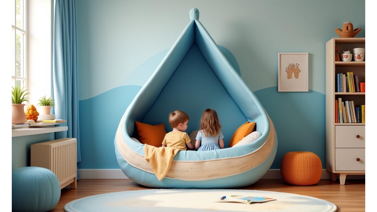 Et barnerom med marine tema som viser et koselig lekeområde designet som et skip, med myke puter, bøker og kunstmaterialer. To barn leker fantasifullt i rommet.