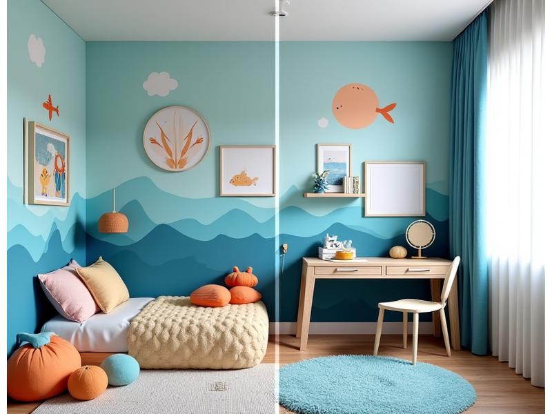 Et barnerom som viser to sider av samme rom, den ene innrettet for en smårolling med leker og lav seng, den andre for en tenåring med skrivebord og mer moden innredning, begge med marine tema.