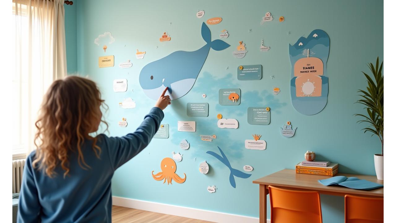 Interaktiv veggdekorasjon i et barnerom med bilder av sjødyr og faktabokser, et barn som peker nysgjerrig på en hvalfigur.