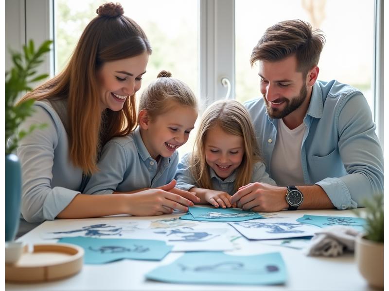 En familie – foreldre og to barn – ler og peker på et designutkast for et barnerom med havtema, rundt et bord. De interagerer aktivt med designeren.