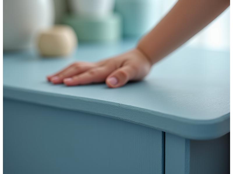 Nærbilde av et barns hånd som trygt berører et møbel, som viser glatte kanter og ikke-giftig finish i et marineblått barnerom.