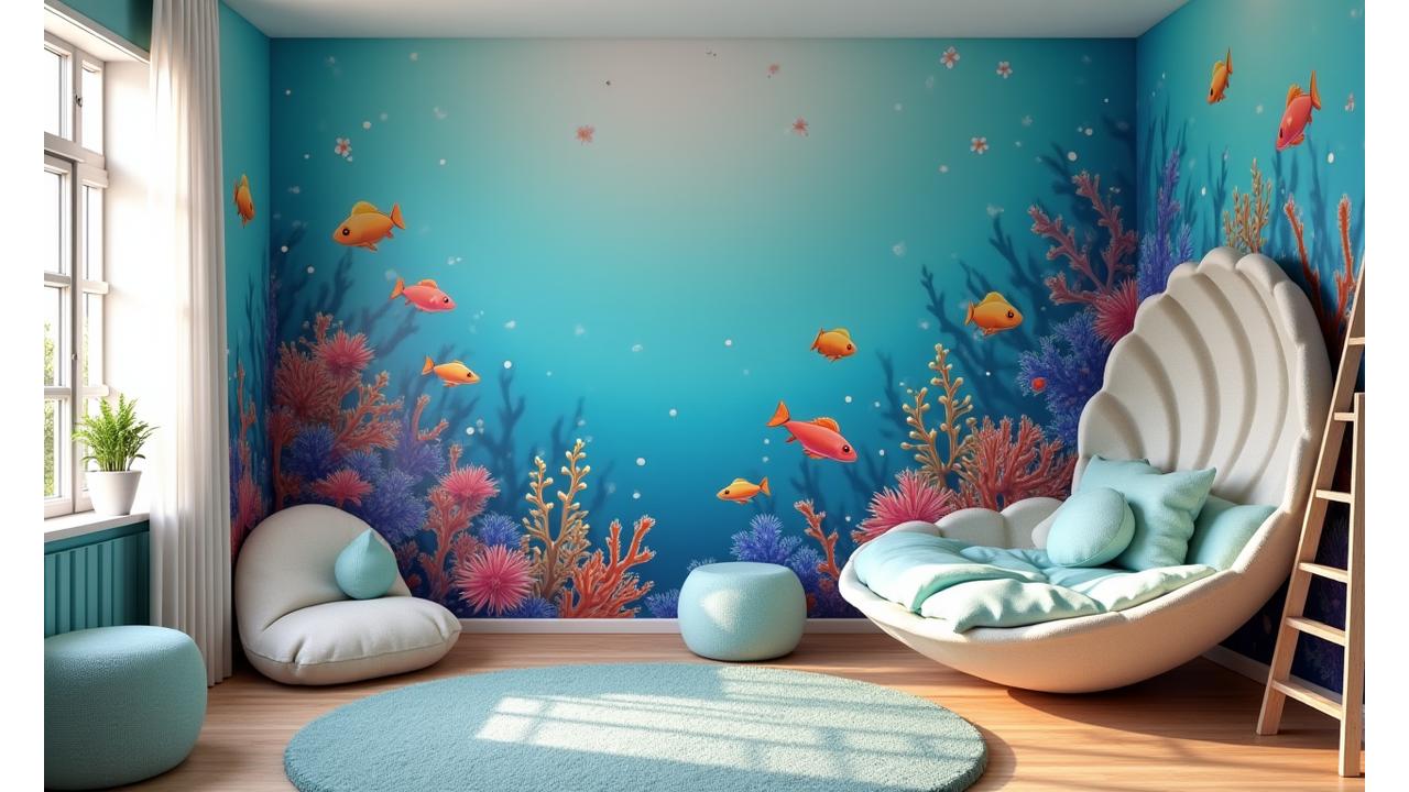 Et fantasifullt barnerom med havtema, veggmalerier av korallrev, fiskearter og et koselig leseområde formet som et skjell, med mykt, naturlig lys.