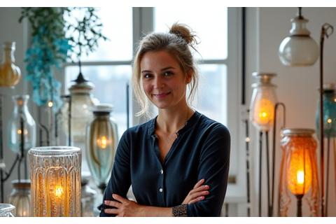 Portrett av Anne Larsen, en anerkjent norsk lyskunstner, i sitt atelier omgitt av unike, marine-inspirerte lysinstallasjoner.