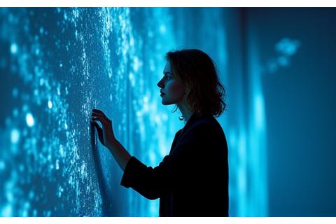 Portrett av Frida Strand, en eksperimentell lysdesigner, med hennes installasjoner som bruker vann-refleksjoner og projeksjoner for å skape bevegelig lyskunst.