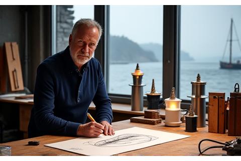 Portrett av Olav Nordberg, en prisbelønt designer, som skisserer nye lyselementer inspirert av maritime arkitektur og tradisjonelle fiskefartøy.