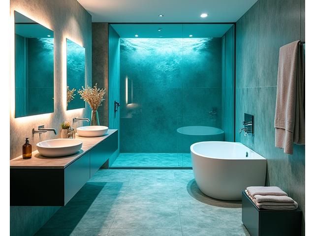 Samme baderom transformert med belysning fra Havbris Interiør som skaper en spa-lignende atmosfære, kanskje med dempet, blågrønt lys og reflekterende overflater som gir følelsen av å være under vann.