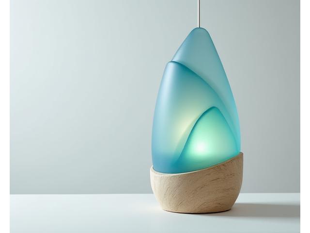 En elegant innendørs lampe designet av Havbris Interiør, med former og materialer som tydelig er inspirert av det norske fjordlandskapet, kanskje med et element av tre eller børstet metall og diffust lys.