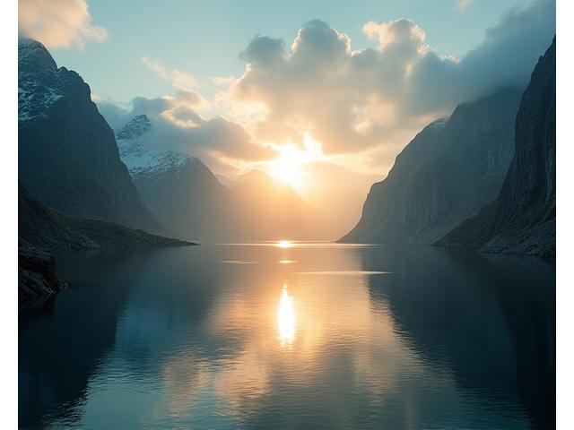 Et dramatisk bilde av sollys som reflekteres i et norsk fjordlandskap ved soloppgang eller solnedgang, med myke farger og dype skygger.