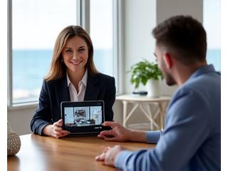 En interiørkonsulent fra Havbris Interiør presenterer 3D-modeller og designforslag for belysning til en kunde for et skreddersydd maritimt interiør.