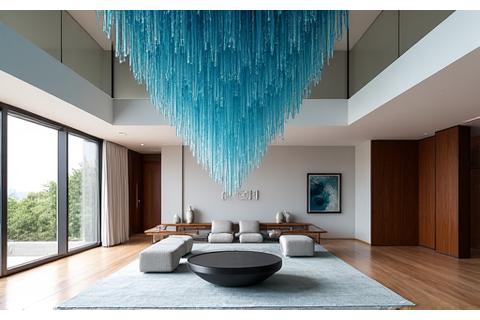 En elegant privatbolig i Fana med et åpent stuerom opplyst av en unik, håndlaget lysekrone fra Havbris Interiør, som fungerer som et sentralt kunstverk inspirert av sjøliv.