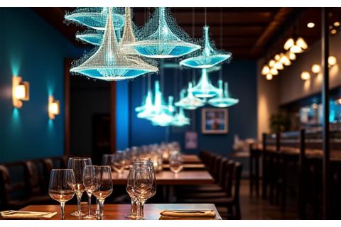 Interiøret i en eksklusiv sjømatrestaurant på Bryggen, Bergen, med spesialdesignet takbelysning og accentbelysning som skaper en lun, maritim atmosfære.