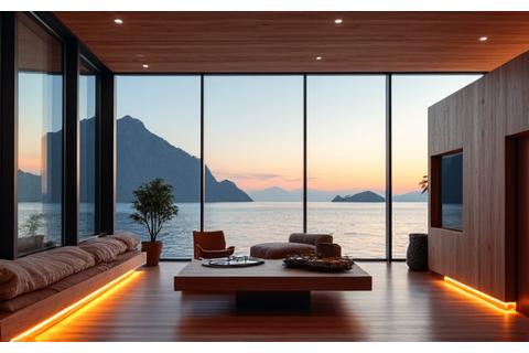 En moderne sjøhytte på Askøy med stor glassfront mot havet, interiøret er opplyst med varm, integrert belysning fra Havbris Interiør som fremhever arkitekturen og utsikten.