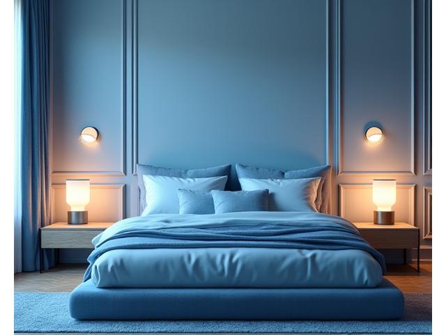 Soverommet etter å ha blitt utstyrt med rolig, indirekte belysning som simulerer månelys over havoverflaten eller den dempede atmosfæren under vann, fra Havbris Interiør.