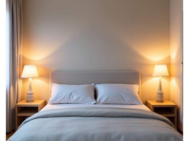 Et nøytralt soverom med tradisjonell belysning, mangler karakter.