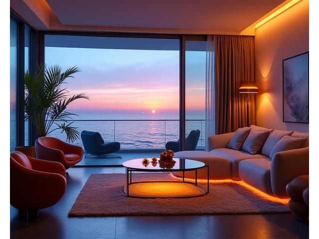 Samme stue etter installasjon av skreddersydd belysning fra Havbris Interiør, med varmt, innbydende lys som imiterer en solnedgang over havet, og marine detaljer.