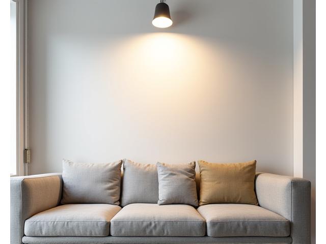 Et typisk, uinspirert stueinteriør med generisk belysning, før Havbris Interiørs marine redesign.