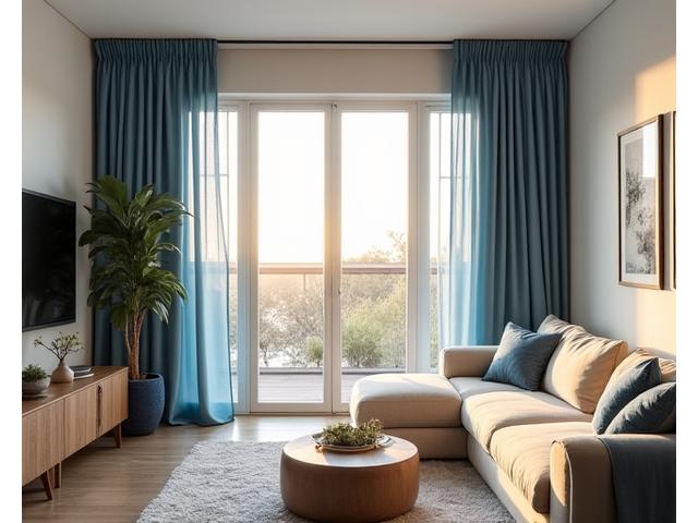 Det samme rommet, nå med elegante, lysblå gardiner som henger perfekt og skaper dybde og varme, med utsikt over sjøen.