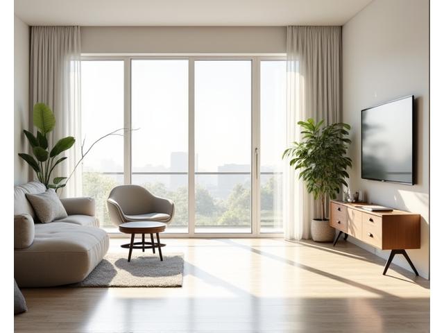 Et rom med store vinduer uten gardiner, litt bart og echo.