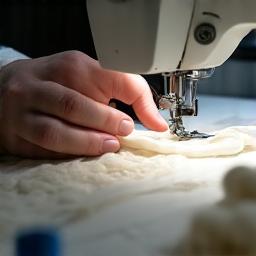 Nært bilde av hender som syr et fint stoff på en symaskin i et lyst atelier, med høye kvalitetskrav.