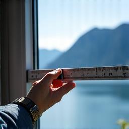 En interiørdesigner som måler et vindu presist med et målebånd, med utsikt over Bergen fjorden.