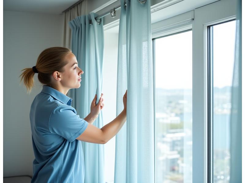 En profesjonell montør i arbeid, installerer en skreddersydd gardin med presisjon i et moderne hjem i Bergen.