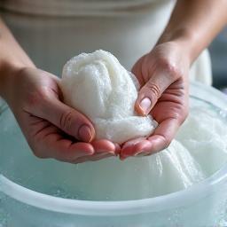 En hånd som vasker et delikat gardinstoff forsiktig.