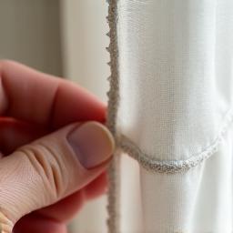 En tekstilreparatør som reparerer en liten rift i en gardin.