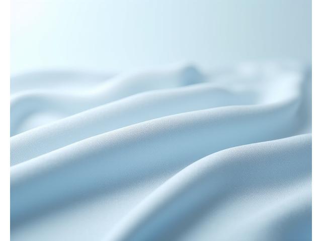 Moderne, teknisk tekstil med fin vev i lys grå-blå, UV-resistent og lysfiltrerende egenskaper.