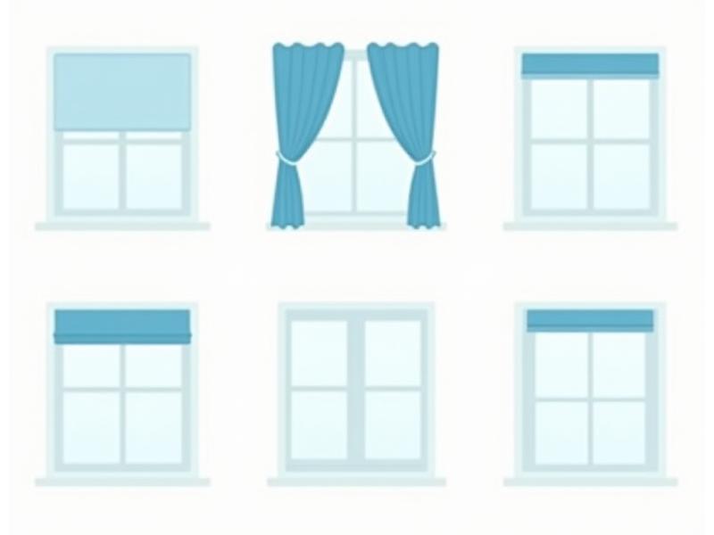 Illustrasjon som viser forskjellige gardinstiler på ulike vindustyper, som panelgardiner på store vinduer og plisségardiner på mindre.