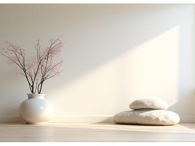 Et rolig, minimalistisk rom i lyse farger med naturlige elementer