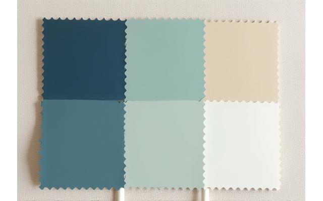 Fargepalett med marineblå, sandfarge, sjøgrønn og drivvedgrå toner