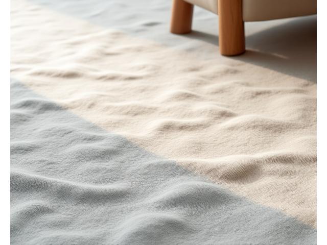 Mykt, teksturert teppe i sandfarge med subtilt bølge-mønster