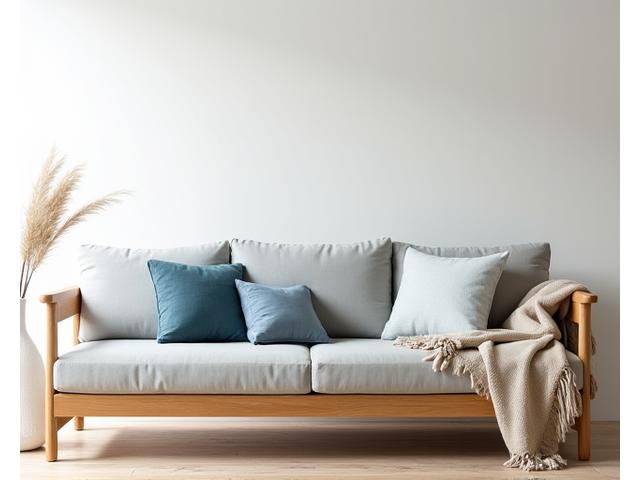 Elegant kystinspirert sofa med blå puter og trebord