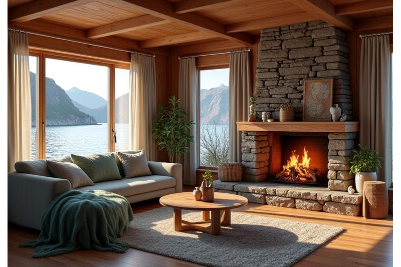 Koselig sjøhytteinteriør med grove tremøbler, peis og et maritimt pryd