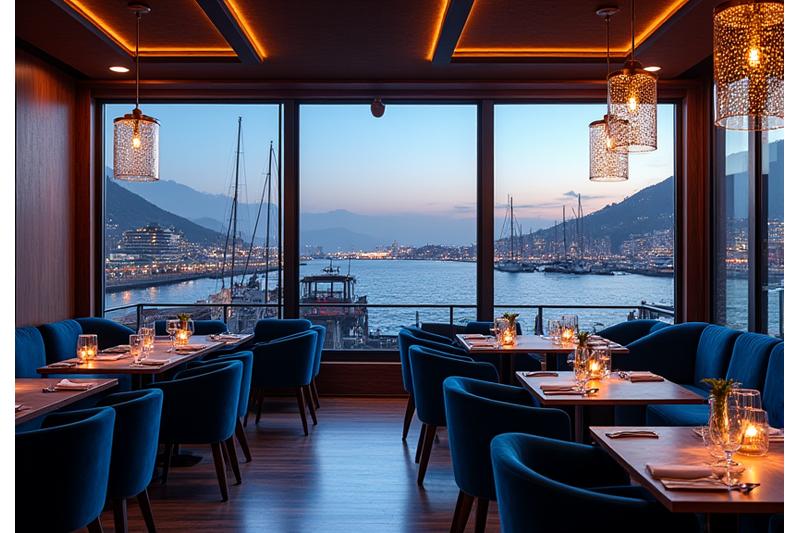Moderne restaurantinteriør med elegant maritimt tema og utsikt over bryggen