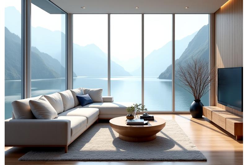 Luksuriøs leilighetsstue med store vinduer, havutsikt og lys nordisk innredning