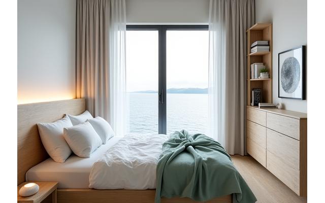 Etter bilde av et stilfullt, beroligende soverom med lyst sengetøy og innbygde hyller