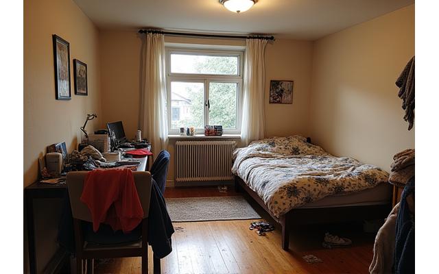 Før bilde av et lite og rotete soverom uten sammenhengende stil