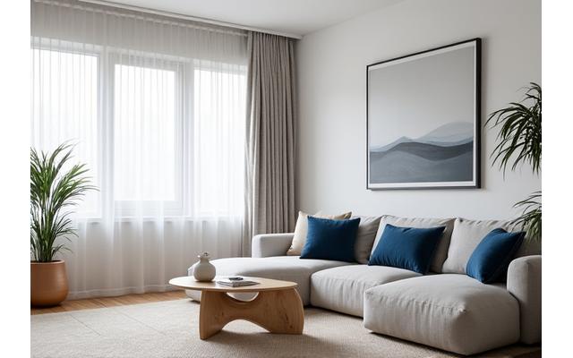Etter bilde av en lys, moderne stue med marineblå detaljer og behagelige tekstiler