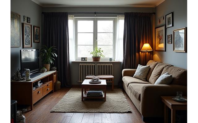 Før bilde av en kjedelig og utdatert stue med gamle møbler