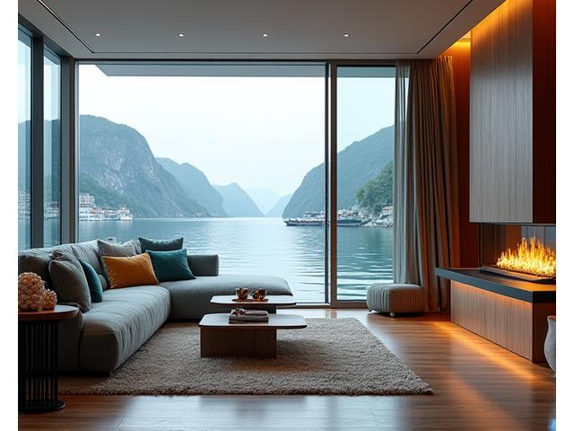 Stilrent, maritimt interiør med utsikt over Bergen havn, demonstrerer Havbris Interiørs designkompetanse