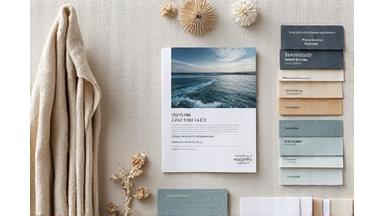 Et inspirerende moodboard for maritim interiørdesign, med stoffprøver, fargepaletter og bilder av kystnære elementer