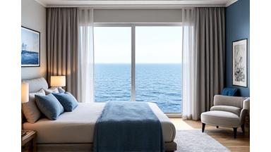 En fotorealistisk 3D-rendering av et ferdig maritimt soverom, tydelig og lyst