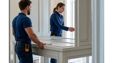 Håndverkere som installerer møbler i et rom under veiledning av en interiørdesigner